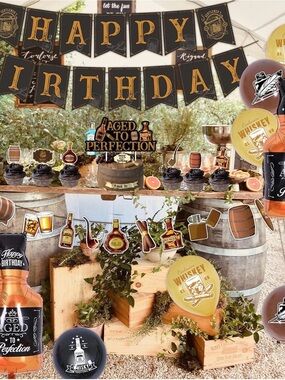 #358 Perfection Black and Gold Whiskey-Themed Birthday Banner and Table Kit
